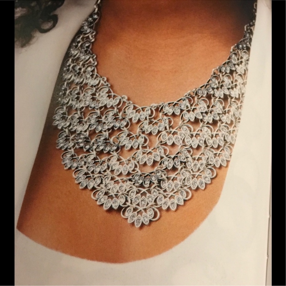 Premier Designs Ruffles Rhinestone Silver Tone Bib Statement Necklace